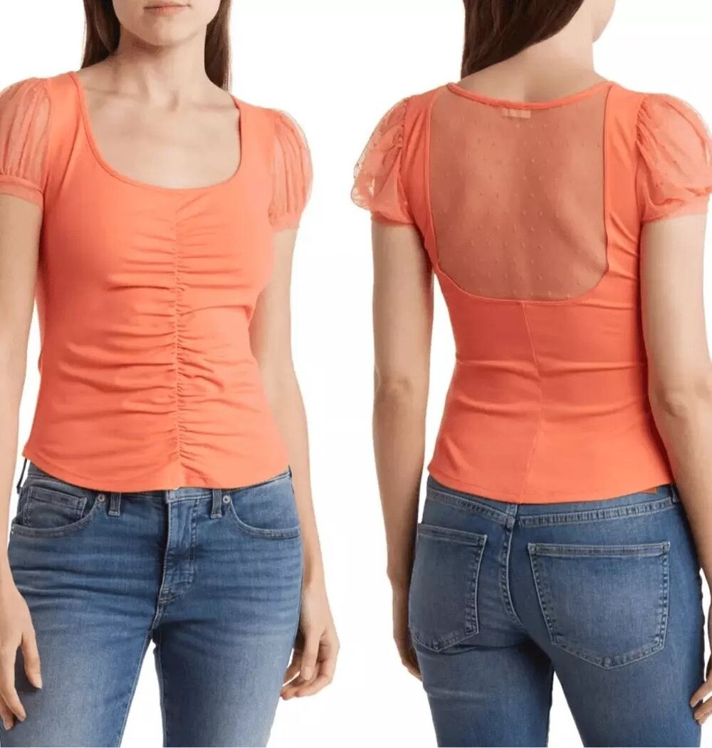 Free People Blush Up Cami Ruched Blouse M Coral Orange Polka Dot Mesh Top
